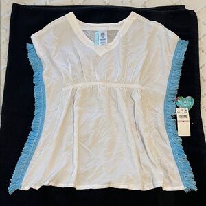 Kids White and Blue Swim Coverup Breaking Waves nwt fringe size 6